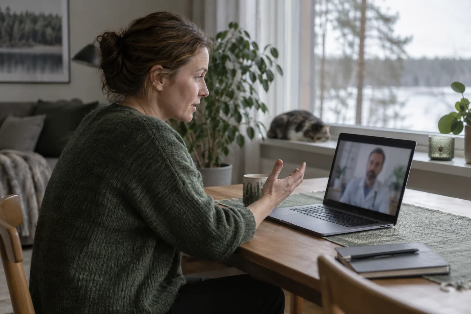 Aikuinen kertoo terveysasiastaan rauhallisesti kotoa käsin